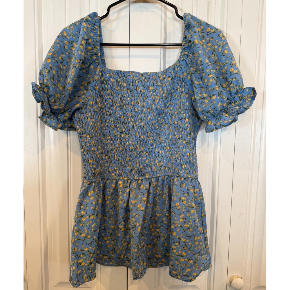 Drolimp Blue Floral Smocked Mini Dress Puff Sleeve Cottagecore Women's S/M